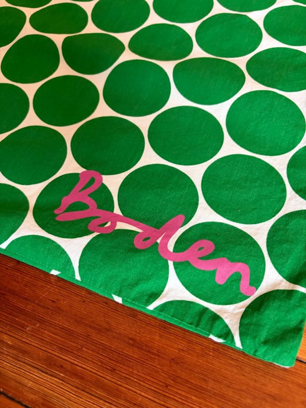 Boden Green & White Polka Dot Drawstring Bag | Pink Logo